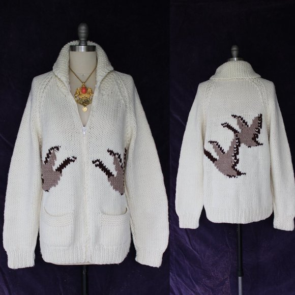 Hand Crafted Sweaters - Hand made Vintage geese bird hunting cowichan chunky sweater jacket polo Lauren